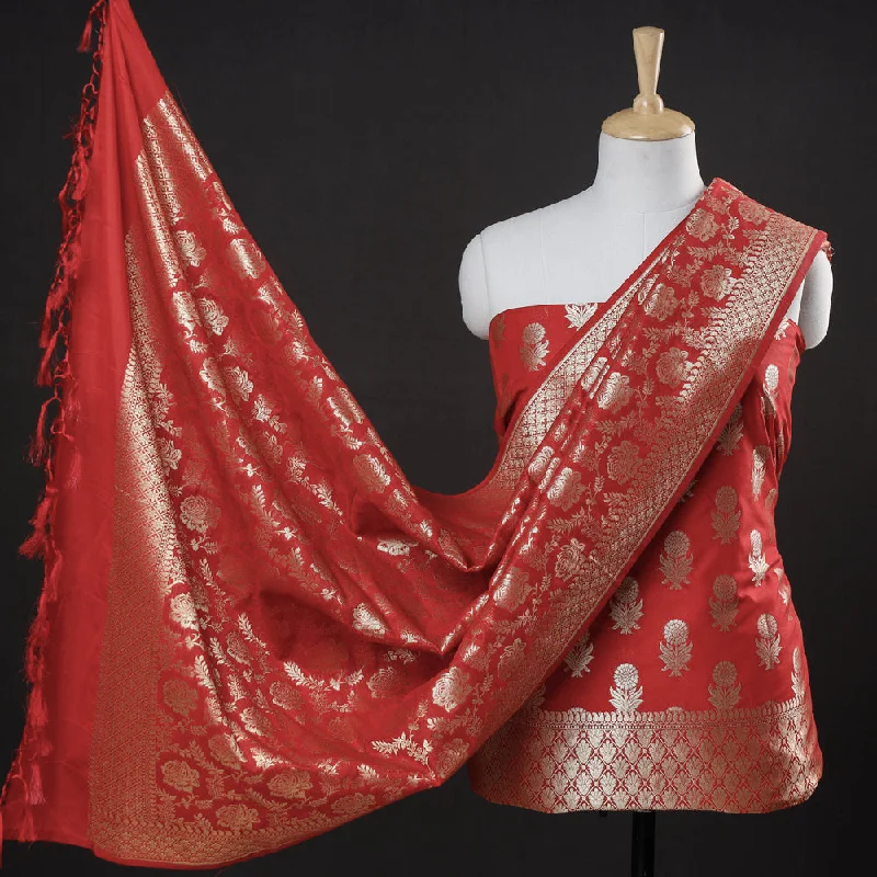 Red - 3pc Zari Jaal & Buti Silk Banarasi Dress Material