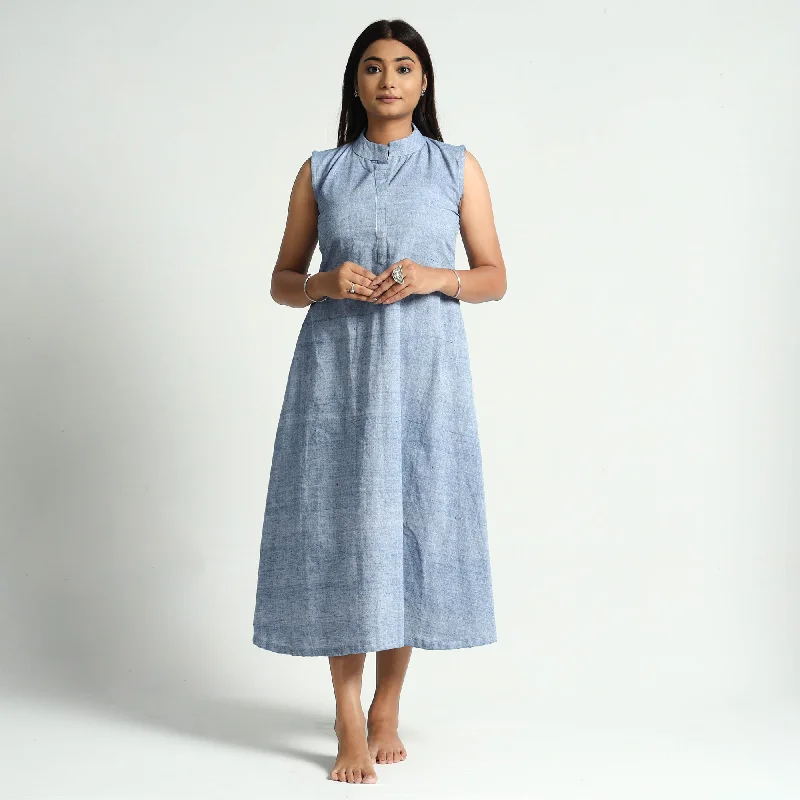 White & Blue - Plain Handloom Cotton Dress