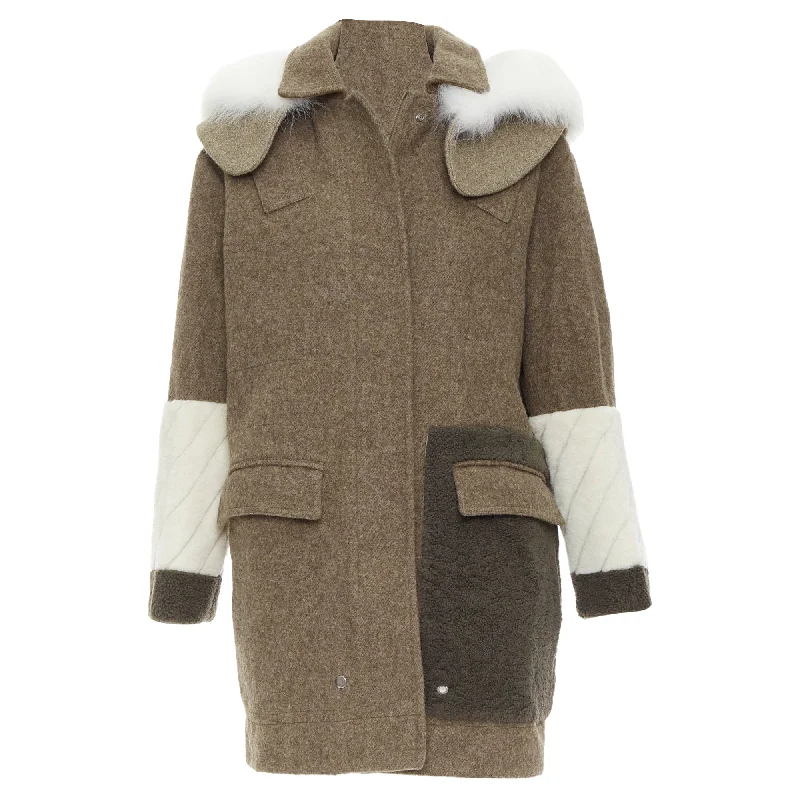 Fendi colorblocked brown wool patchwork fur hooded parka coat