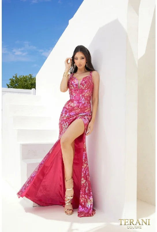 Terani Couture 241P2269 Printed Formal Long Prom Slit Gown