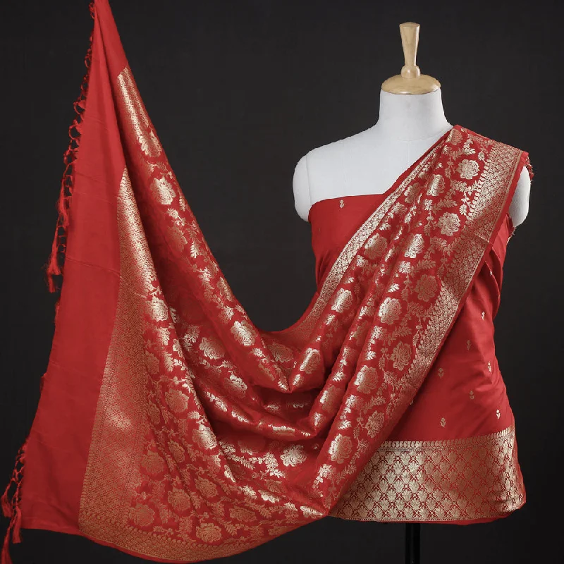 Red - 3pc Zari Jaal & Buti Silk Banarasi Dress Material