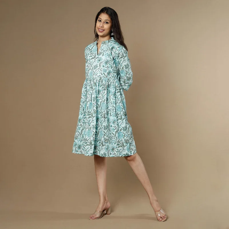 Blue - Sanganeri Block Printed Flare Cotton Dress