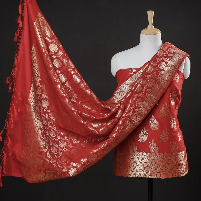 Red - 3pc Zari Jaal & Buti Silk Banarasi Dress Material