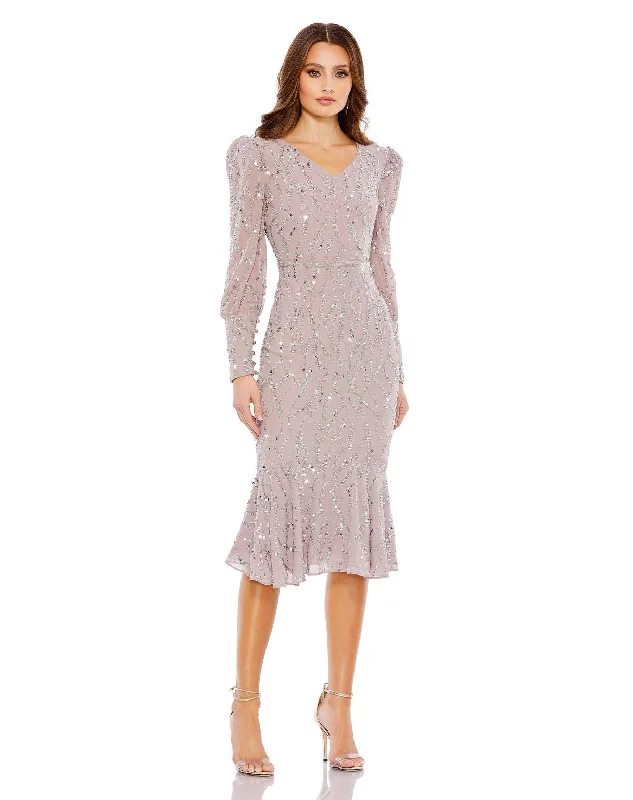 Mac Duggal 10767 Long Sleeve Cocktail Sequin Midi Dress