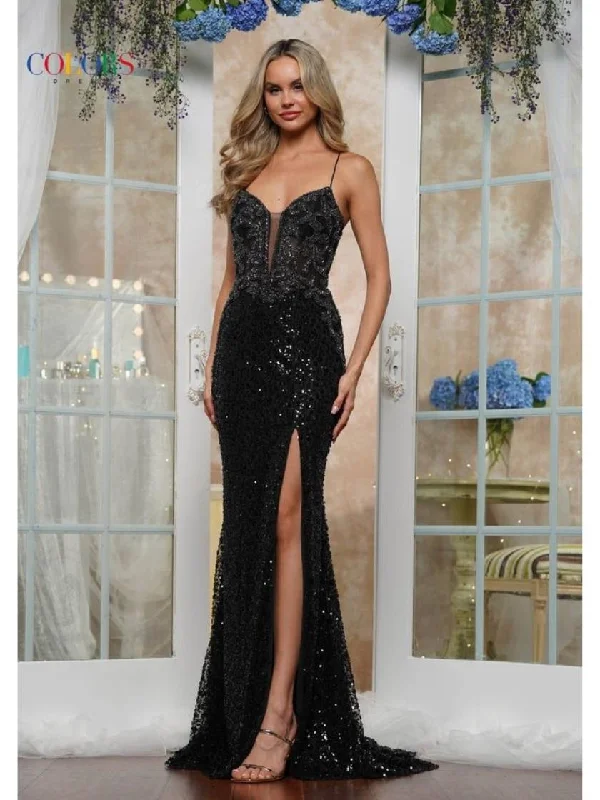 Colors 3570 Long Formal Slit Fitted Sequin Prom Dress