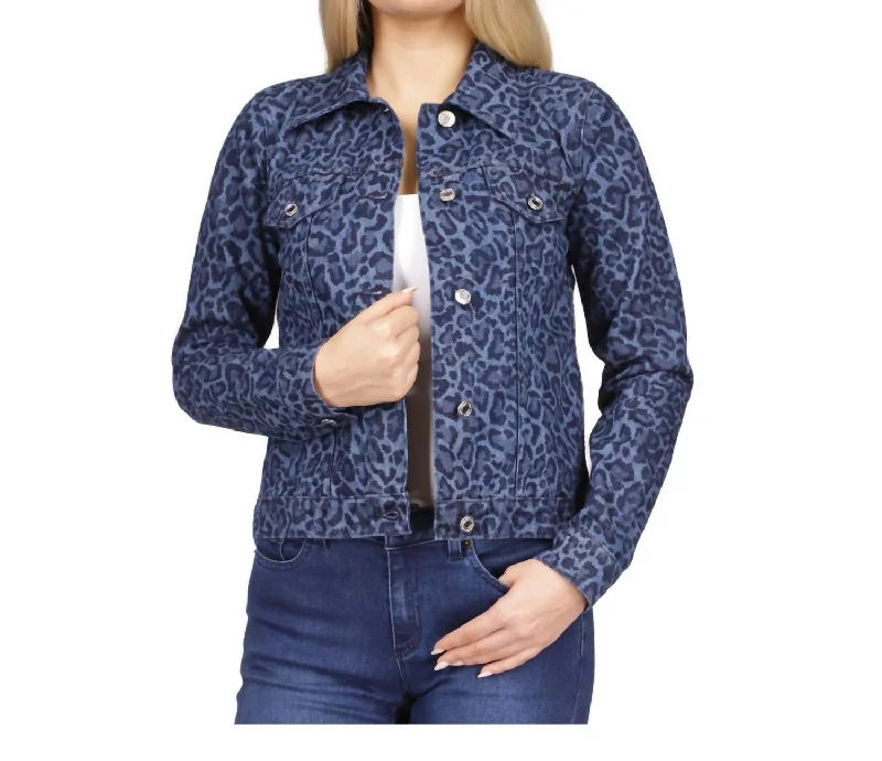 Button Up Spread Collar Animal Print Denim Jacket In Dusk Blue Wash