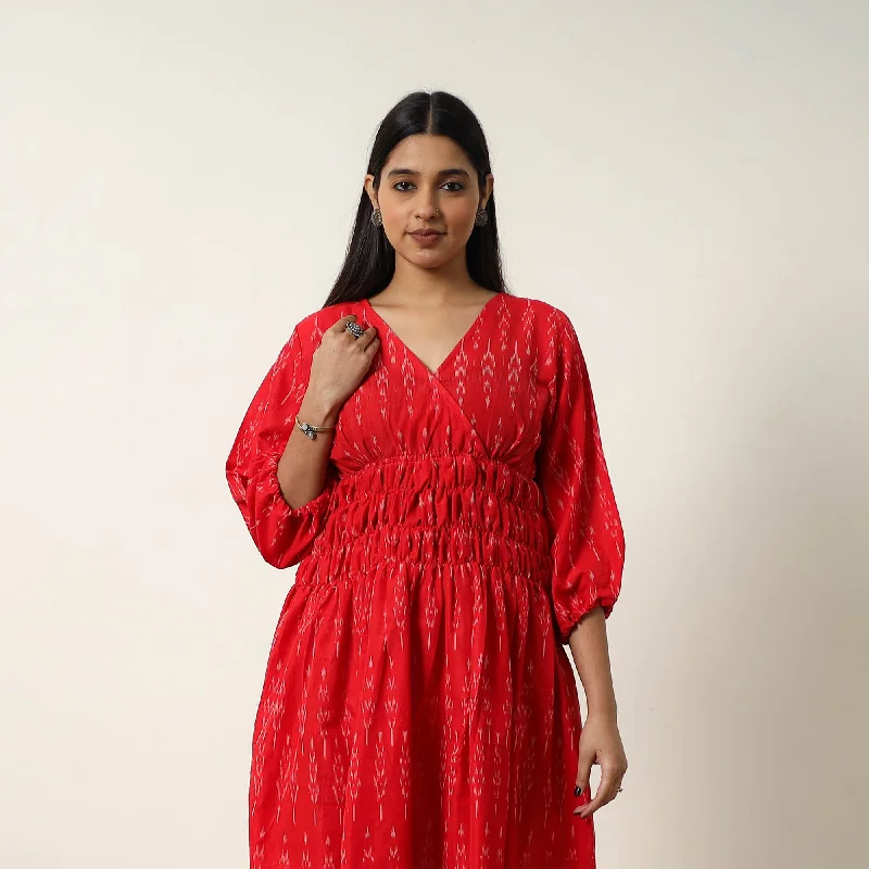 Red - Mercerized Cotton Flared Pochampally Ikat Dress 10