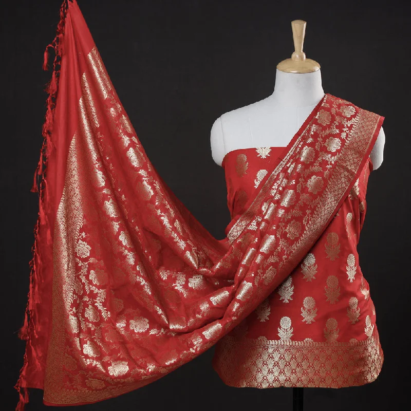 Red - 3pc Zari Jaal & Buti Silk Banarasi Dress Material