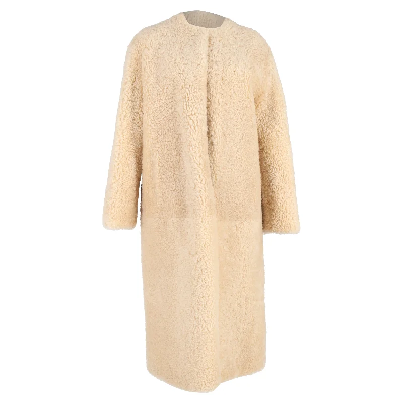 Chloé Belted Collarless Shearling Coat in Beige Lamb Fur