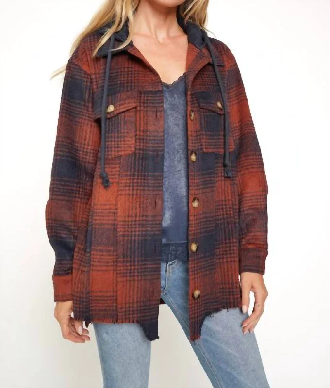 Kirsten Oversized Plaid Hooded Shacket In Burgundy