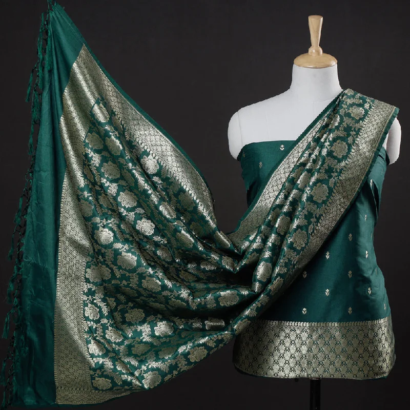 Green - 3pc Zari Jaal & Buti Silk Banarasi Dress Material