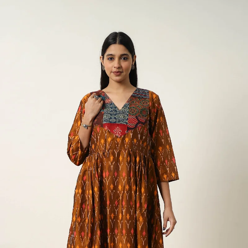 Brown - Mercerized Cotton Flared Pochampally Ikat Dress 04