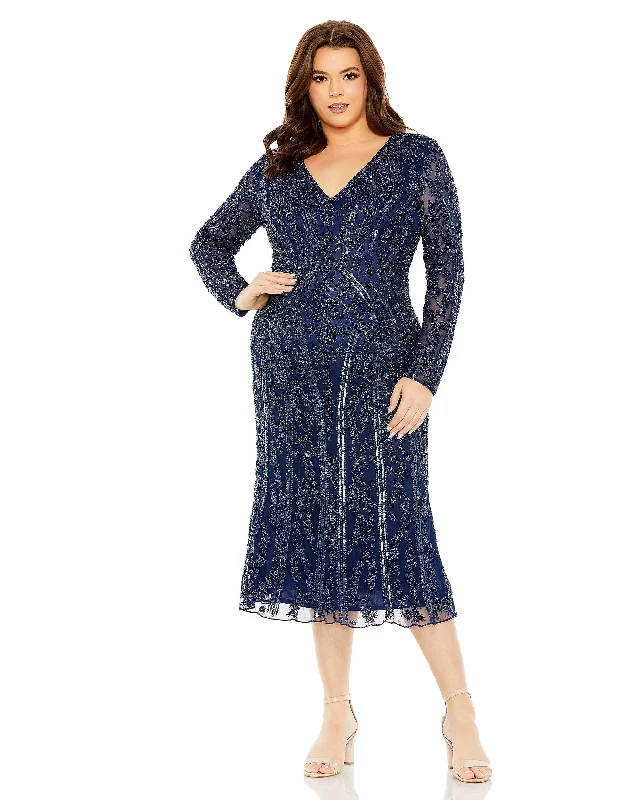 Mac Duggal 5938 Plus Size Long Sleeve Fitted Midi Dress