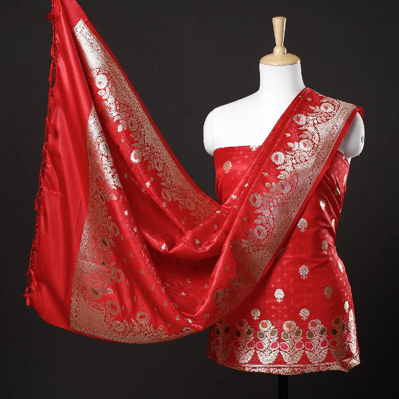 Red - 3pc Zari Cutwork Semi Silk Banarasi Dress Material