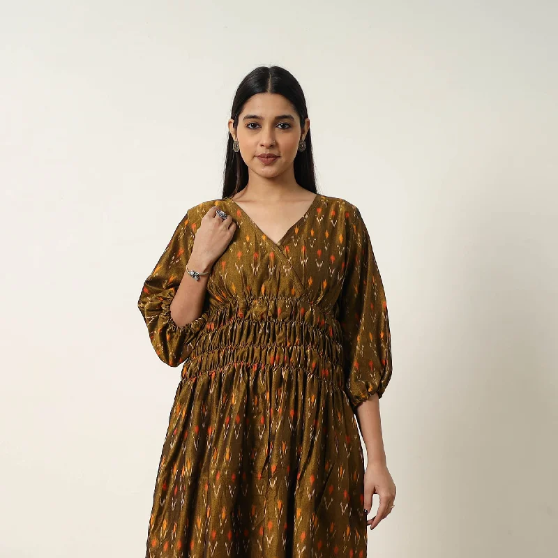 Brown - Mercerized Cotton Flared Pochampally Ikat Dress 07