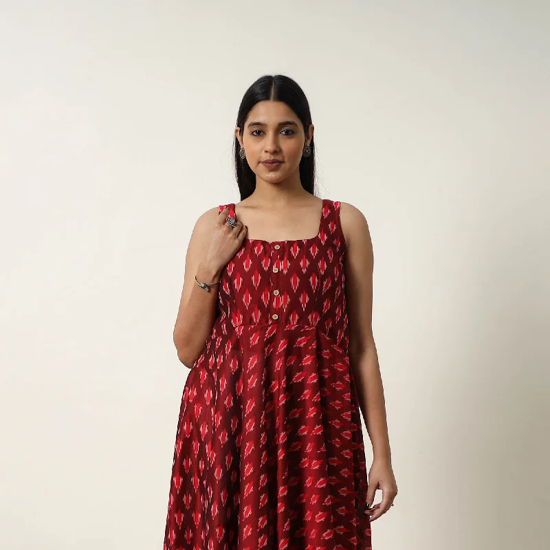 Red - Mercerized Cotton Flared Pochampally Ikat Dress 17