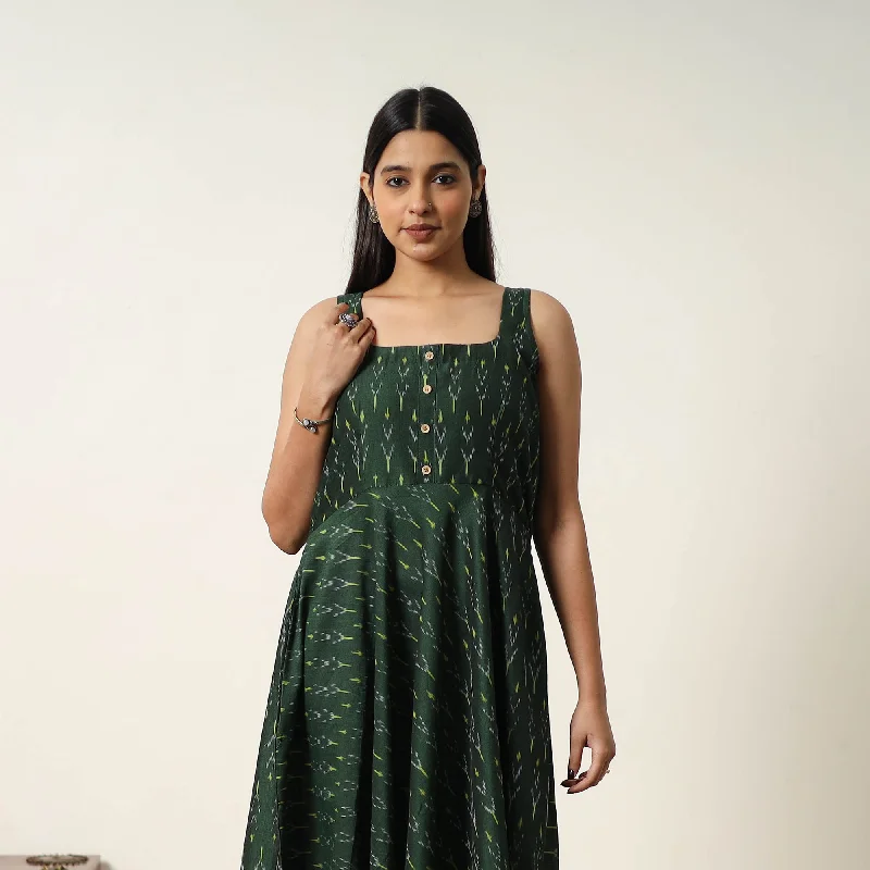 Green - Mercerized Cotton Flared Pochampally Ikat Dress 16