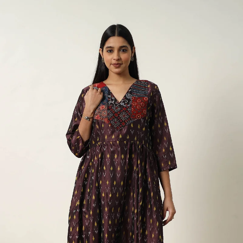 Brown - Mercerized Cotton Flared Pochampally Ikat Dress 03