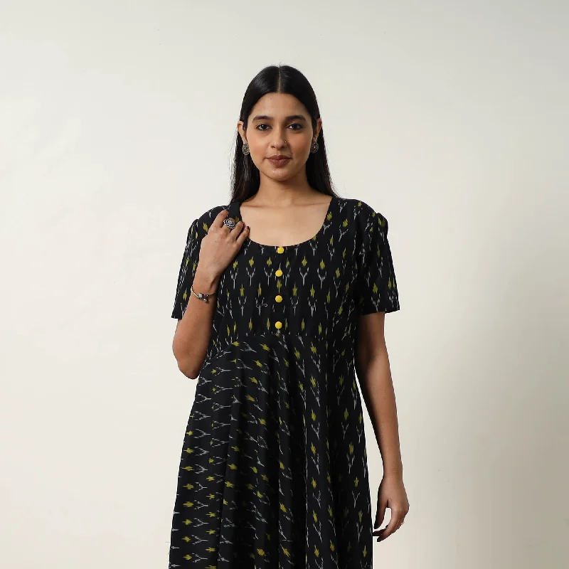 Black - Mercerized Cotton Flared Pochampally Ikat Dress 12