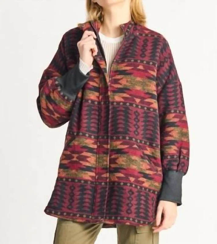 Geo Zip Front Printed Jacket In Afghan Burgundy Geo