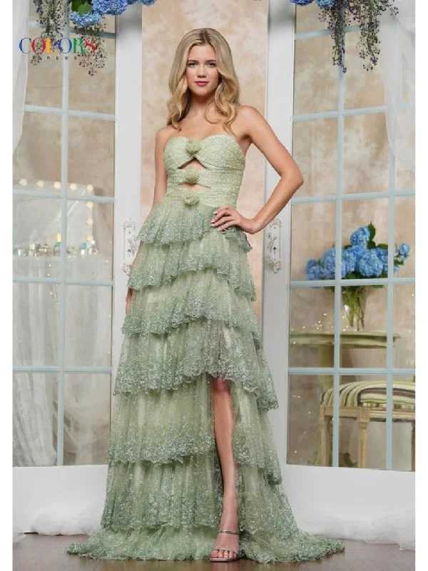 Colors 3620 Long Formal Glitter Ball Gown Ruffle Dress