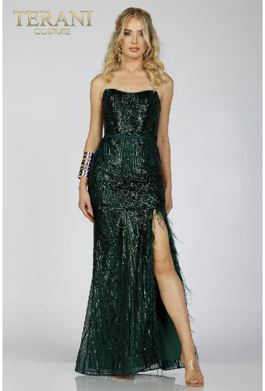 Terani Couture 231P0030 Long Formal Prom Sequin Feather Dress