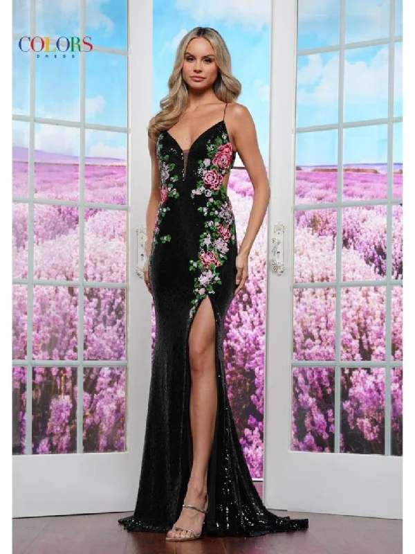 Colors 3576 Formal Floral Sequin Long Prom Dress