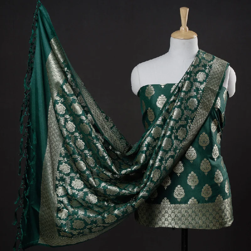 Green - 3pc Zari Jaal & Buti Silk Banarasi Dress Material