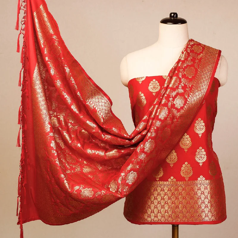 Red - 3pc Zari Jaal & Buti Silk Banarasi Dress Material