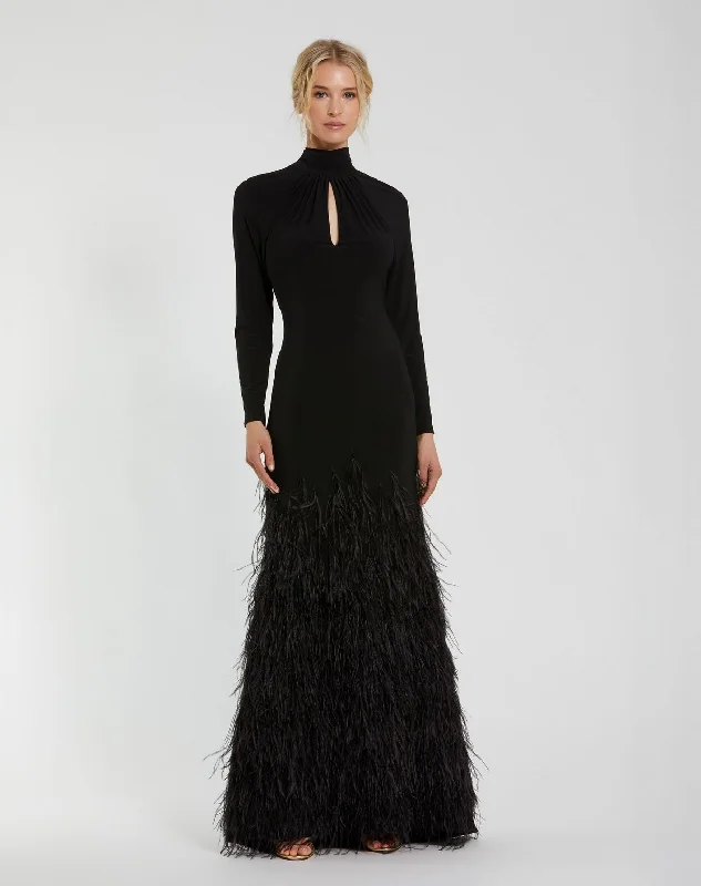 Mac Duggal 11839 Formal Prom Feather Long Sleeve Dress