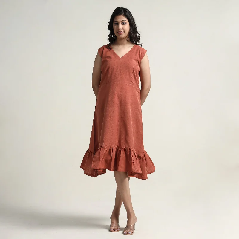 Brown - Plain Handloom Cotton Flare Dress