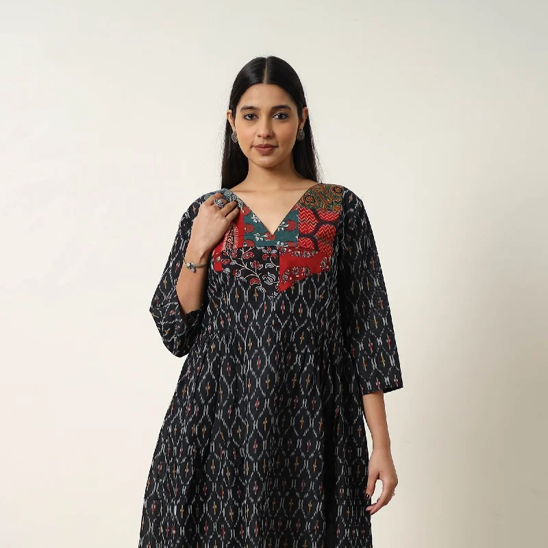 Black - Mercerized Cotton Flared Pochampally Ikat Dress 02