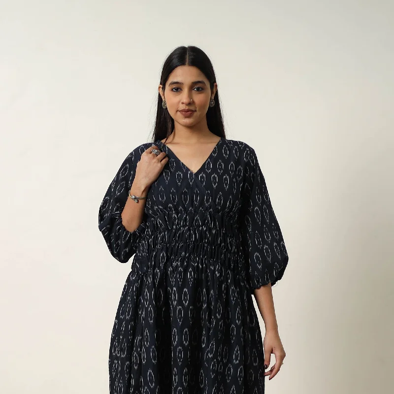 Black - Mercerized Cotton Flared Pochampally Ikat Dress 09