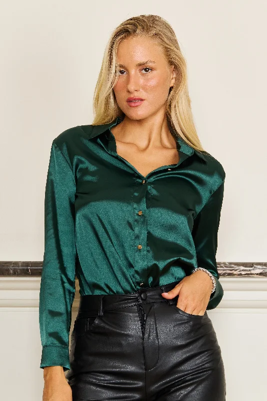 Formal Satin Long Sleeve Button Down Blouse Top Emerald