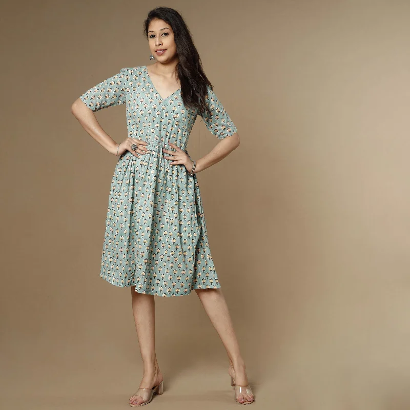 Green - Sanganeri Block Printed Flare Cotton Dress