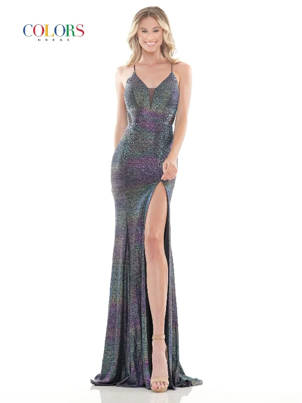 Colors 2669 Colors Long Spaghetti Strap Metallic Prom Gown