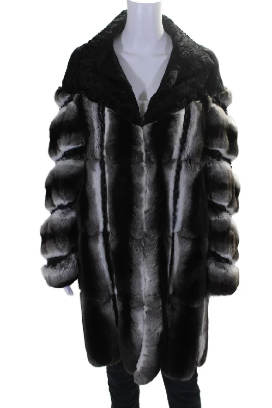 J. Mendel Womens Hook Front Swakara Chinchilla Long Coat Gray Black