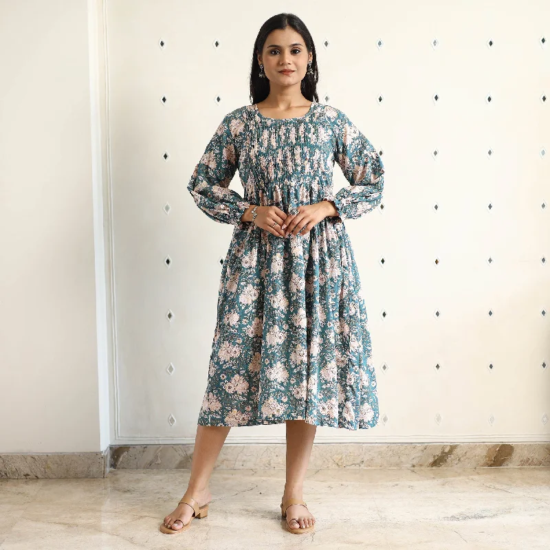 Green - Sanganeri Block Printed Cotton Pintuck Flared Dress 16