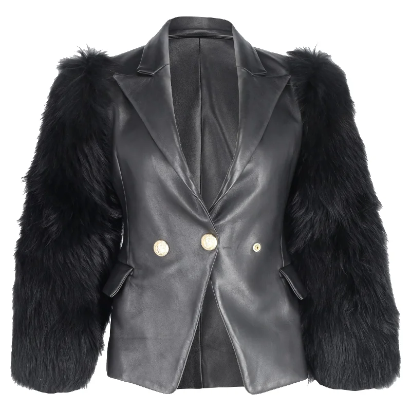 Balmain Single Breasted Fur Sleeve Blazer in Black Leather