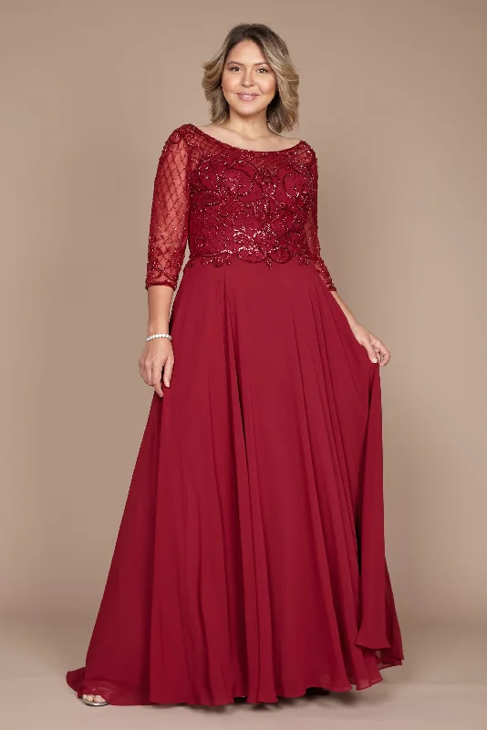 Long Sleeve Hand Beaded Mother of The Bride Dress Burgundy