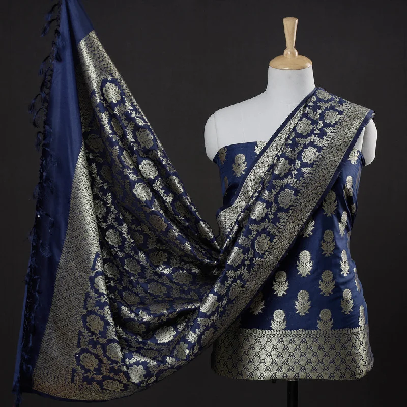 Blue - 3pc Zari Jaal & Buti Silk Banarasi Dress Material