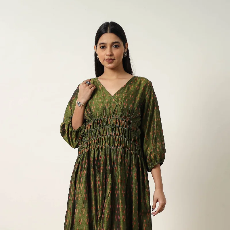 Green - Mercerized Cotton Flared Pochampally Ikat Dress 06