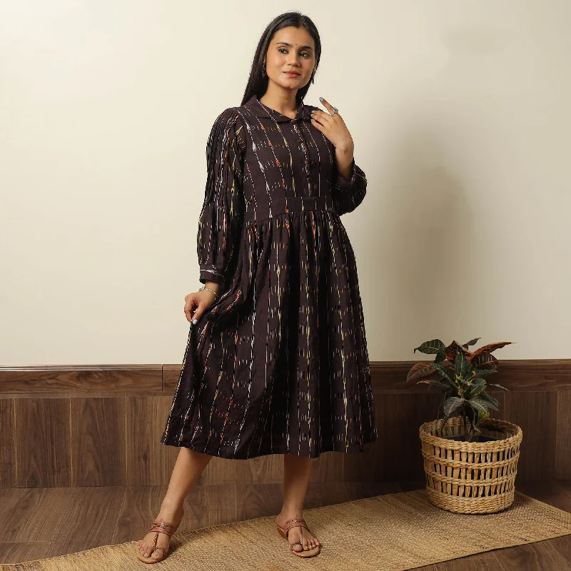 Brown - Pochampally Ikat Weave Cotton Flared Dress 09