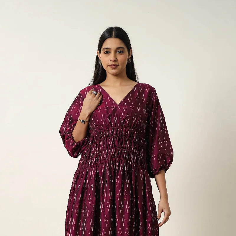 Purple - Mercerized Cotton Flared Pochampally Ikat Dress 08