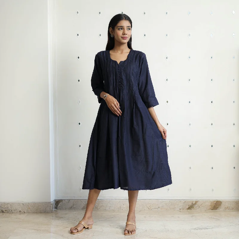 Krishvi Navy Blue Slub Silk Plain Dress