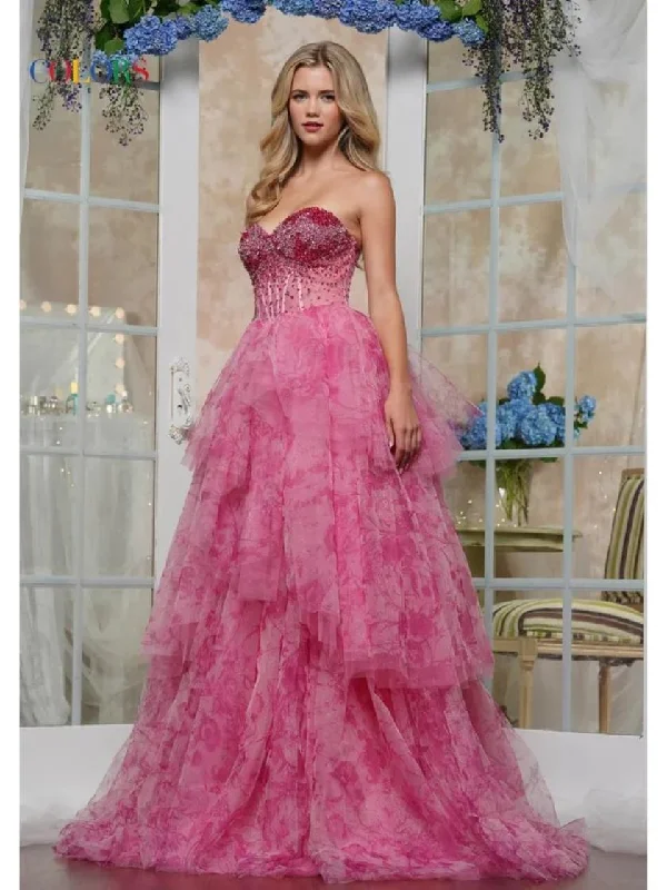 Colors 3572 Beaded Formal Print Ruffle Long Prom Dress