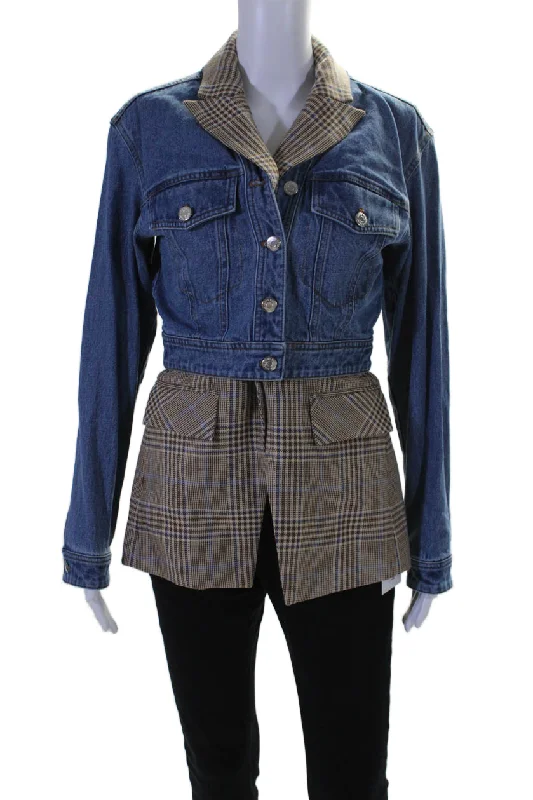 Veronica Beard Womens Glen Plaid Layered Jean Jacket Blue Brown