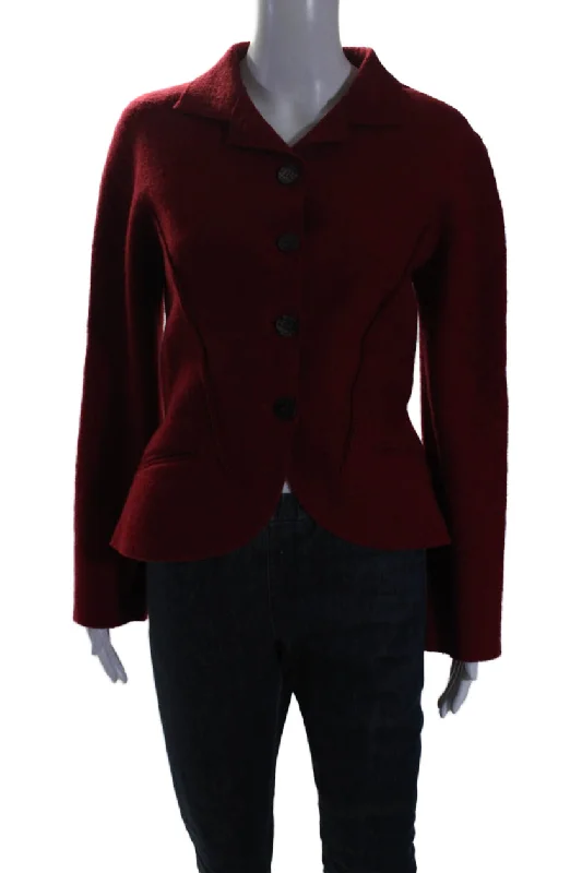 Balmain Womens Wool Collared Long Sleeve Button Up Jacket Red