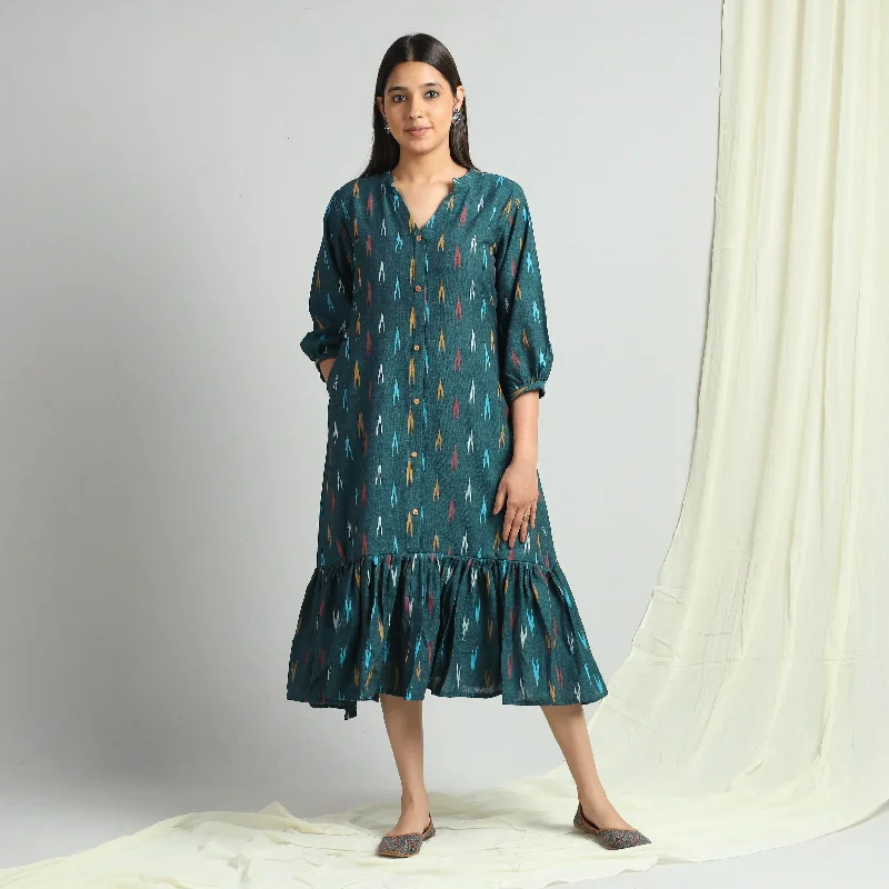 Dark Green - Pochampally Ikat Weave Flare Cotton Dress