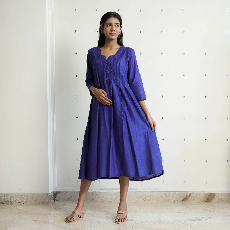 Gulnaaz Blue Slub Silk Plain Dress